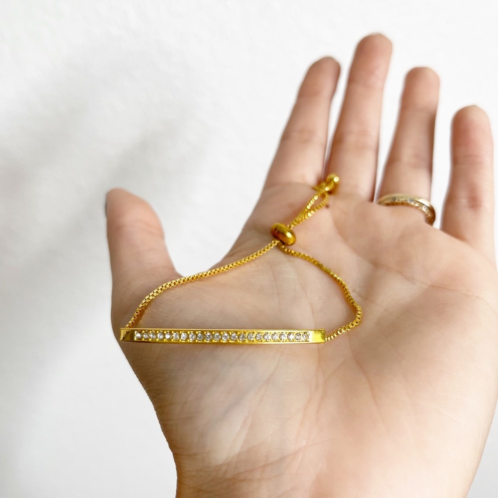 Gold Tone Crystal Bar Bolo Slider Bracelet Adjustable Box Chain Minimalist
